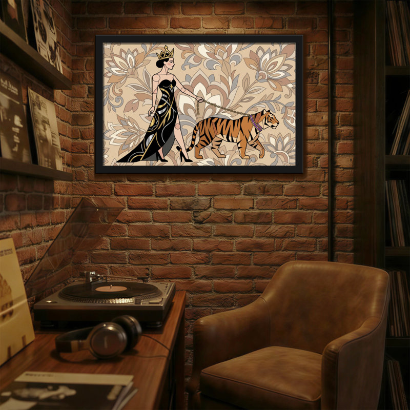 Animaux, reine avec tigre sur fond floral, H 20 po x l 30 po