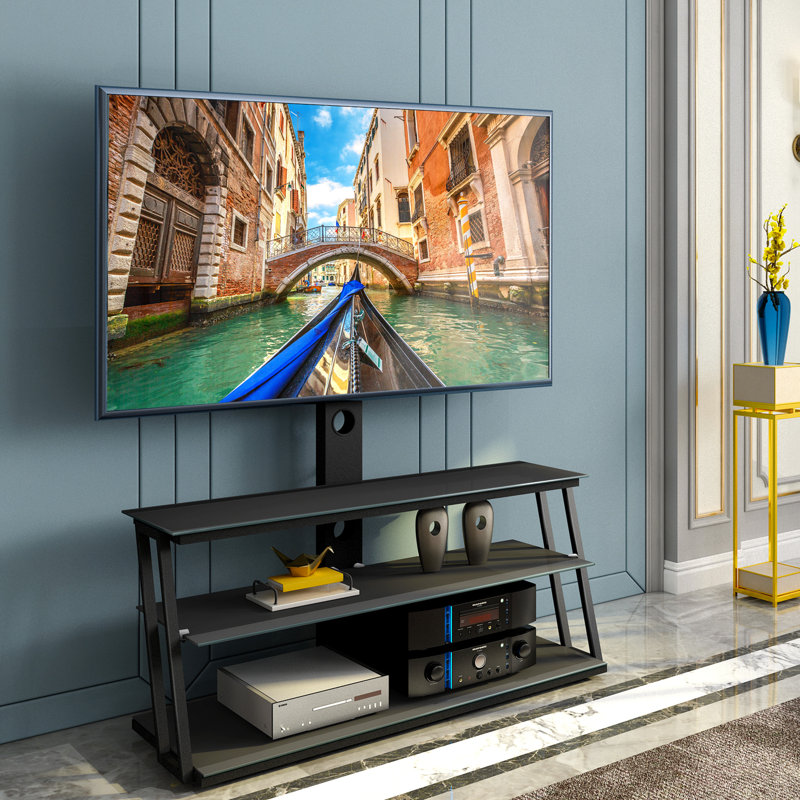 Height Adjustable Black Tempered Glass Tv Stand Fits 32 - 65 Inch Tvs Perfectly With And Versatile Usage