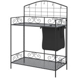 Folding Potting Bench Table, Metal Garden Workstation, Work Bench With Large Build-In Bag With Cover, 5 Hanging Hooks & Storage Shelf