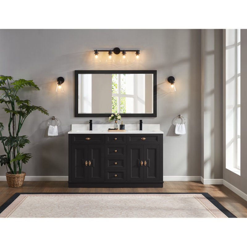 60" Solid Wood Sink Vanity With 1" Artificial Stone Top, Tricorn Black, Rose Gold