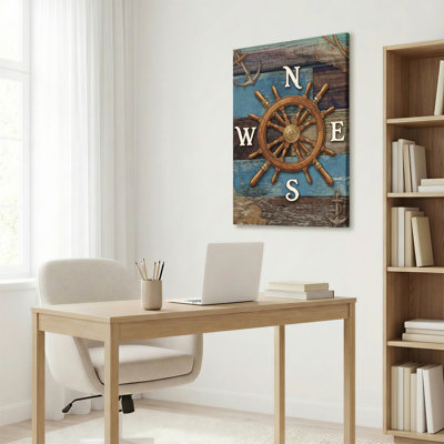 Ensemble de 1 tableau sur toile représentant une roue de navire et une boussole