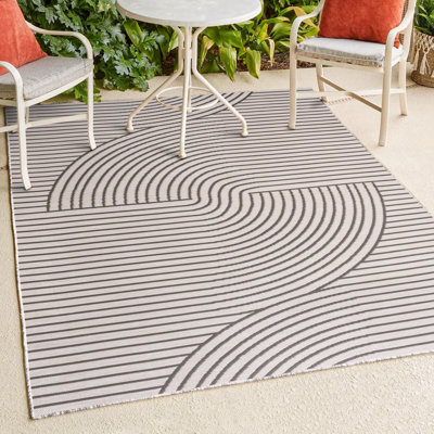 Donatienne Mid-Century Curve Stripe Reversible Machine-Washable Dark Gray/Cream Indoor/Outdoor Rug