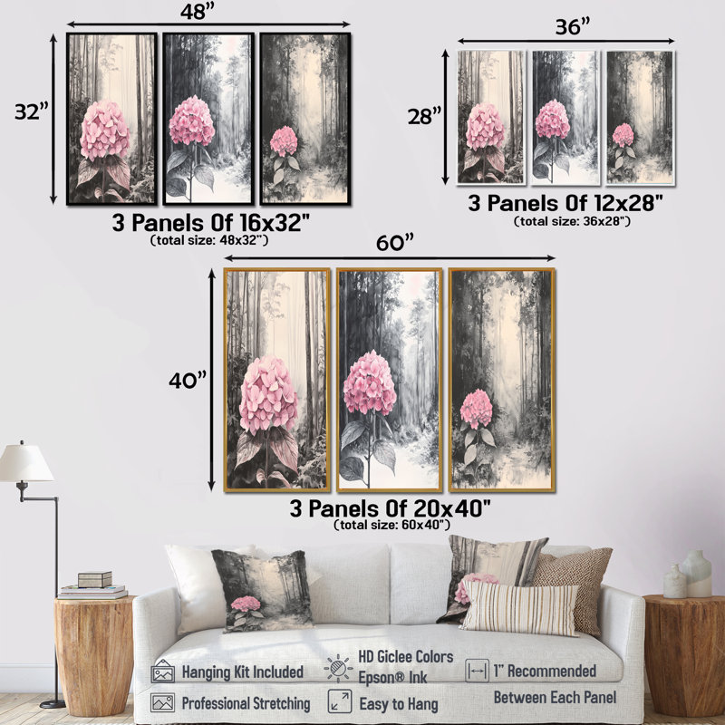 Hortensias dans la forêt monochrome I - Collection de décorations murales traditionnelles, H 40 po x l 60 po, Toile tendue