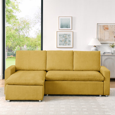 L Shaped Convertible Sleeper Sofa Bed, 90" Sectional Couch For Living Room , Pull Out Bed, Reversible Chaise With Storage , Removable & Washable Yellow Corduroy Covers