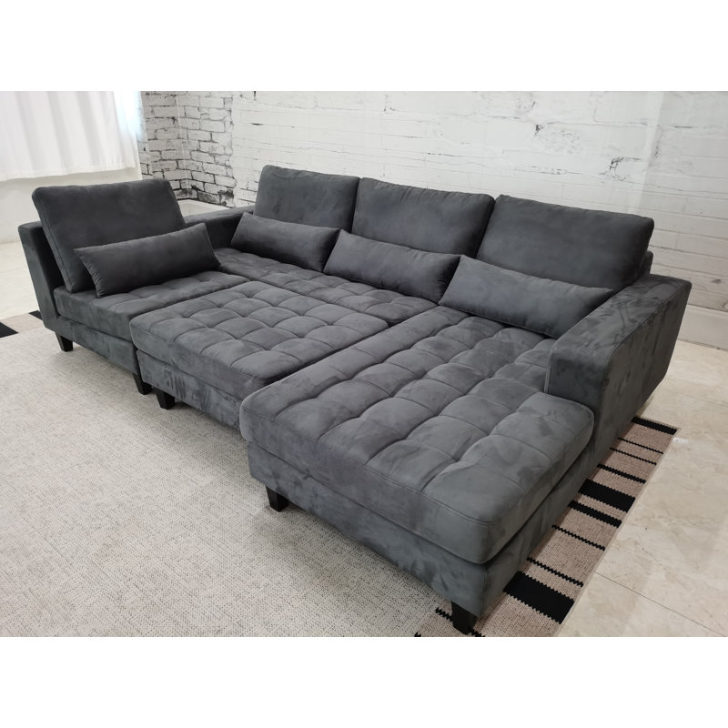 Canapé modulaire en microfibre avec repose-pieds Begraj, Microfibres et suédine gris foncé, Accoudoir à droite (vu de face)