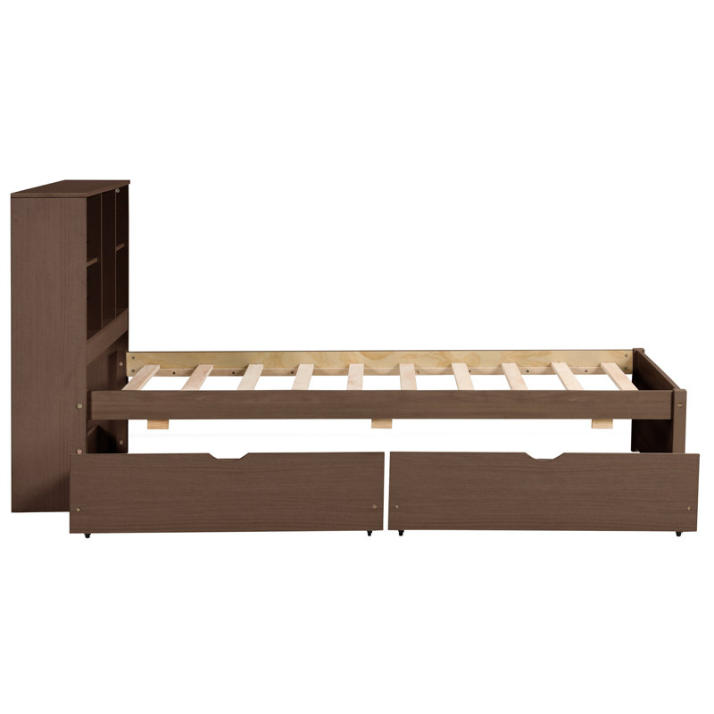 Structure de lit simple avec tête de lit bibliothèque USB intégrée et 2 tiroirs de rangement, lit plateforme moderne, bois durable, noyer