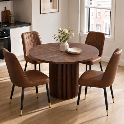 5-Piece Round Walnut Dining Table Set with Hidden Storage Pedestal