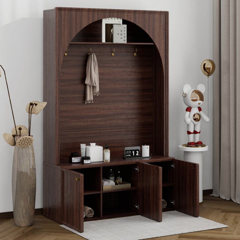 Entryway Hall Tree With Storage Bench, Adjustable Shelves, Arched Coat Rack With 4 Golden Hooks And 3 Cabinets, Walnut