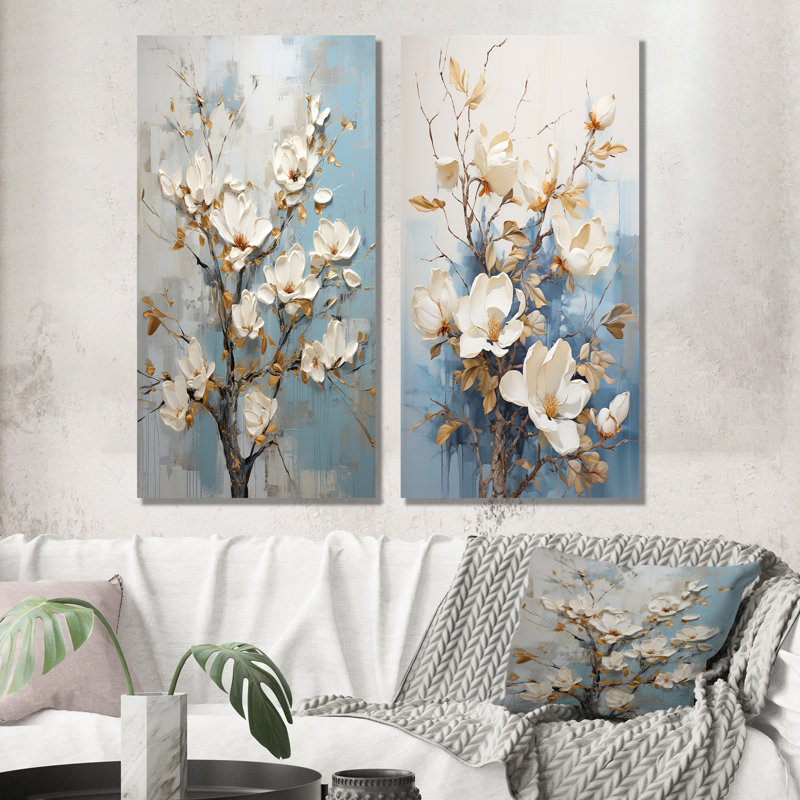 Ensemble de salon en métal bleu et blanc Magnolias, H 32 po x l 32 po