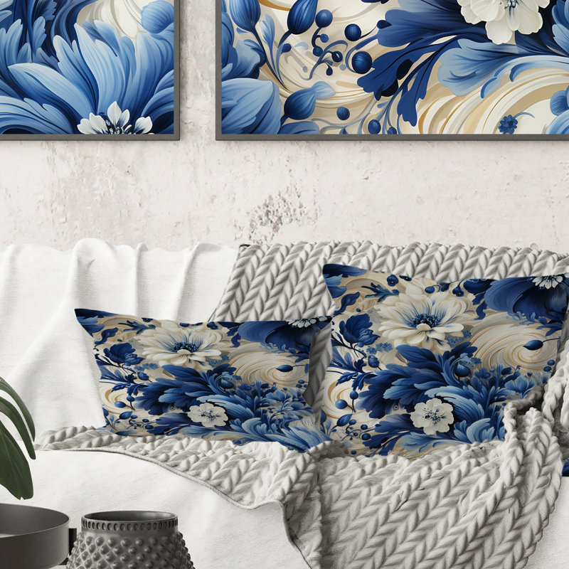 Coussin romantique avec motif victorien tourbillons bleus romantiques - imprimé floral, 18 po x 18 po