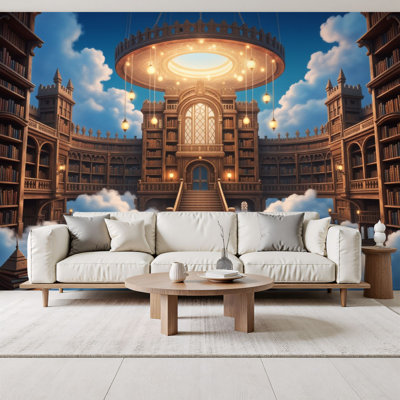 Bibliothèque Bibliothèque, papier peint auto-adhésif, bibliothèque flottante, étagères en bois, murales lumineuses suspendues H 69 po x l 96 po, papier peint amovible en PVC, peinture murale auto-adhésive, décoration pour le salon de la chambre à coucher