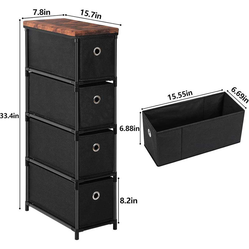 Tour de rangement à 4 tiroirs avec plateau en bois, commode en tissu de style industriel rustique, unité de rangement verticale