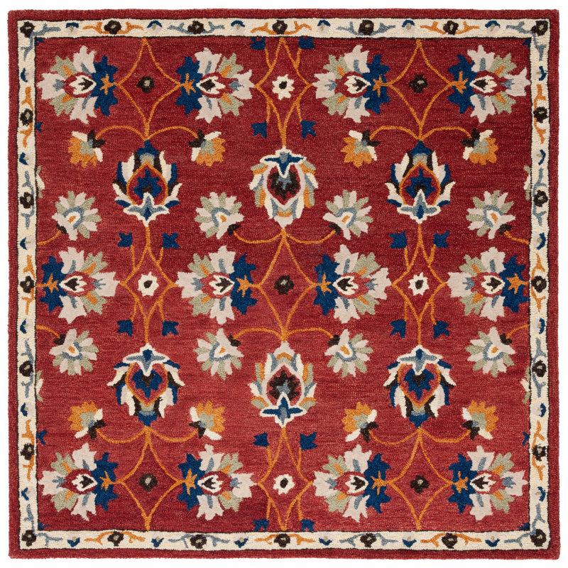 Caleesi Micro-Loop Hand Tufted Wool/Cotton Floral Rug in Rust/Beige/Blue, Square 5'