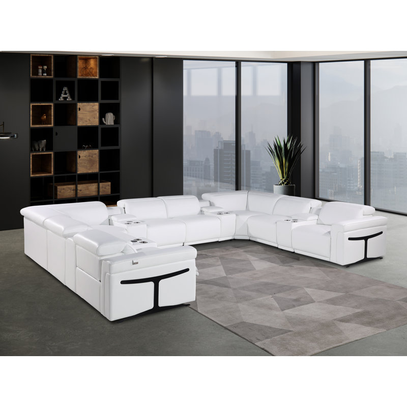 Canapé modulaire en cuir grainé italien inclinable 4 pièces Stanwinn, Cuir véritable blanc