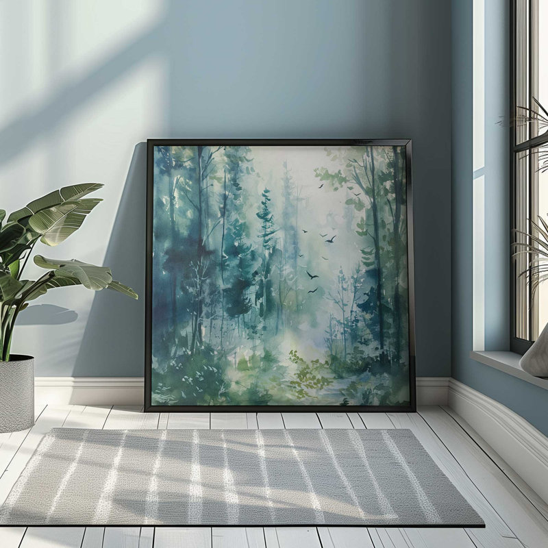 Bleu et vert forêt enchantée I, Cadre opaque blanc, H 17,75 po x l 17,75 po