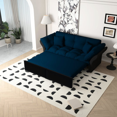 3 - In 1 Convertible Blue Sleeper Bed, 74.8" Size, Velvet Material, 2 Pillows, Breathable Fabric, Easy Assembly Long, Upholstery, Soft And Supportive, Modern Style