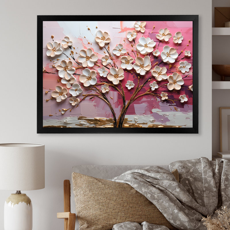 Orchidée rose et or jardin de branches II - art mural arbre, H 12 po x l 20 po x P 1 po, Cadre flottant noir
