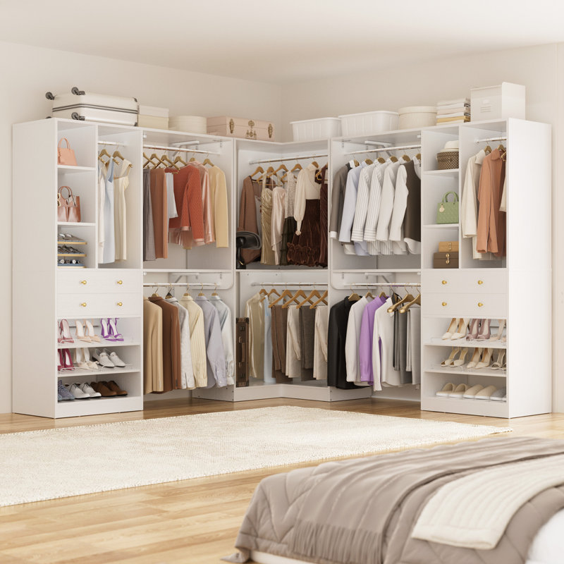 Navada 90.5"-149.5" Closet System with Wooden Drawers and Shoe Racks, White