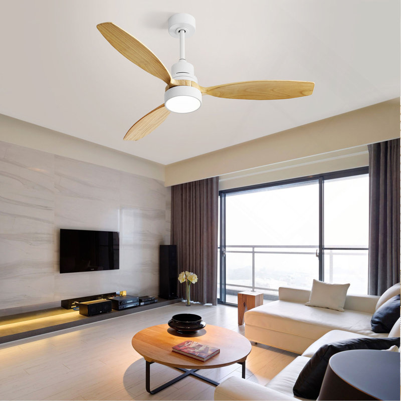 Ventilateur de plafond moderne d'intérieur 52 pouces avec 3 pales en bois massif et télécommande, Blanc, bois