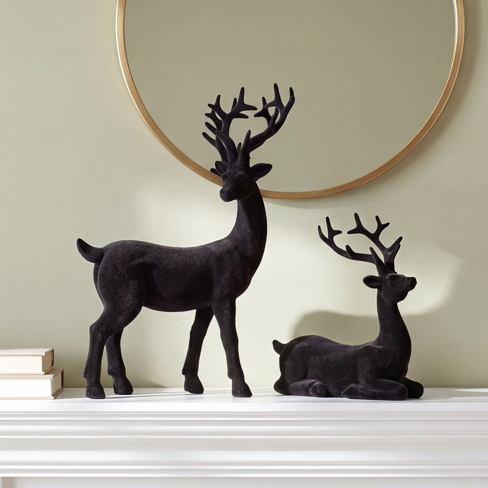 2-Piece Flocked Deer Figurine Set, Black