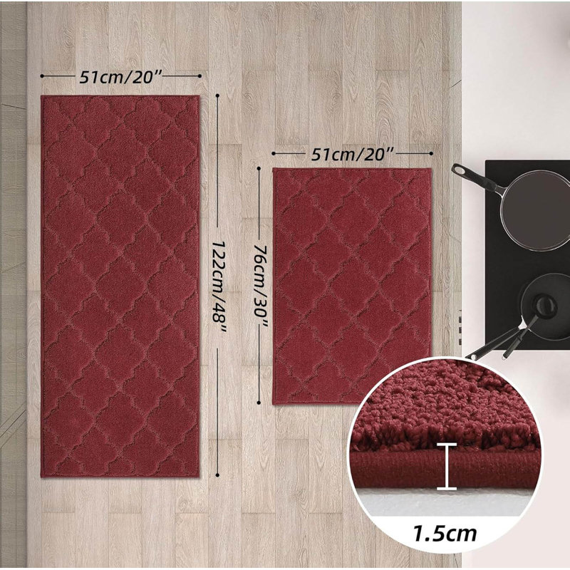 Nonslip Kitchen Rug Set 2 Pack, 51X76cm+51X122cm, Red