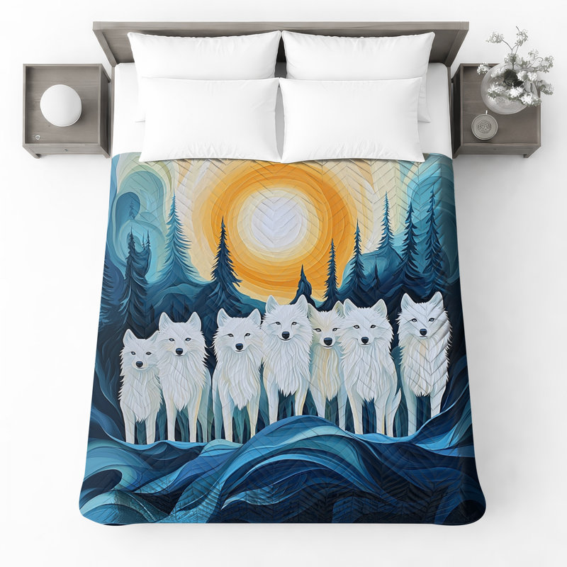 Couvre-lit matelassé blanc loup en forêt toutes tailles, Double