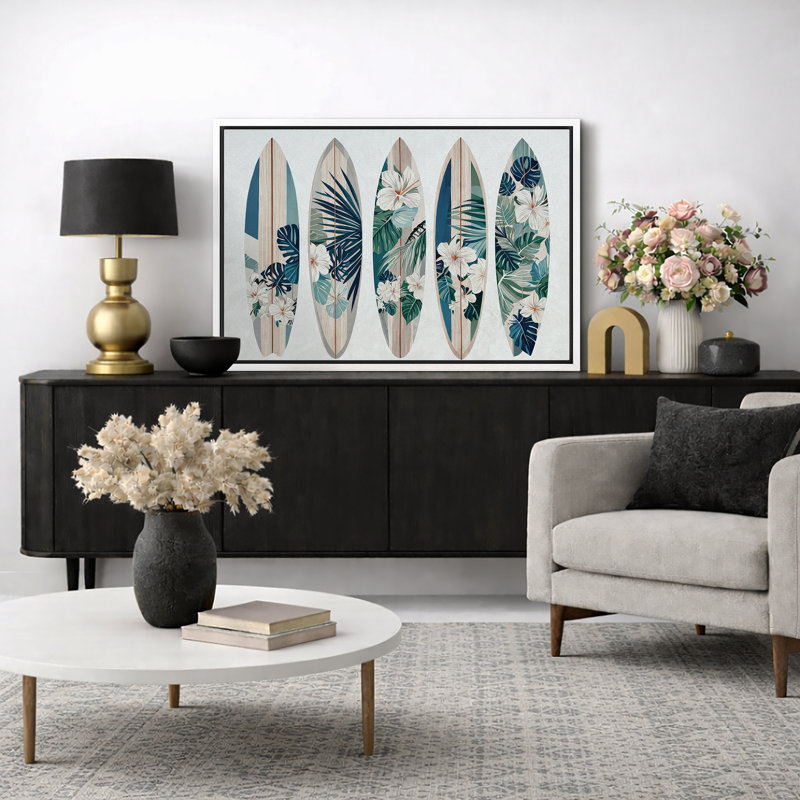 Illustration de planche de surf tropicales, chambre à coucher de plage côtière, impression sur toile encadrée, Cadre blanc