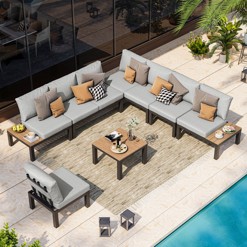 Ensemble de conversation modulaire en aluminium 7 pièces pour patio avec canapé inclinable 9 positions, coussins et table basse