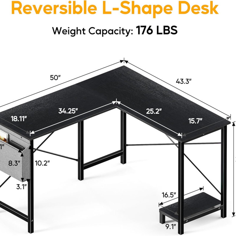 Table de coin en L pour ordinateur de jeu réversible de 50 pouces pour l'écriture Étudiant avec plateau de table en bois Support pour unité centrale