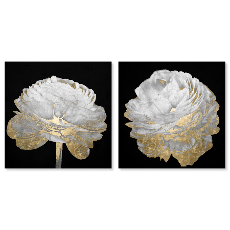«White Light Floral», ensemble de 2 peintures sur toile tendue, Noir