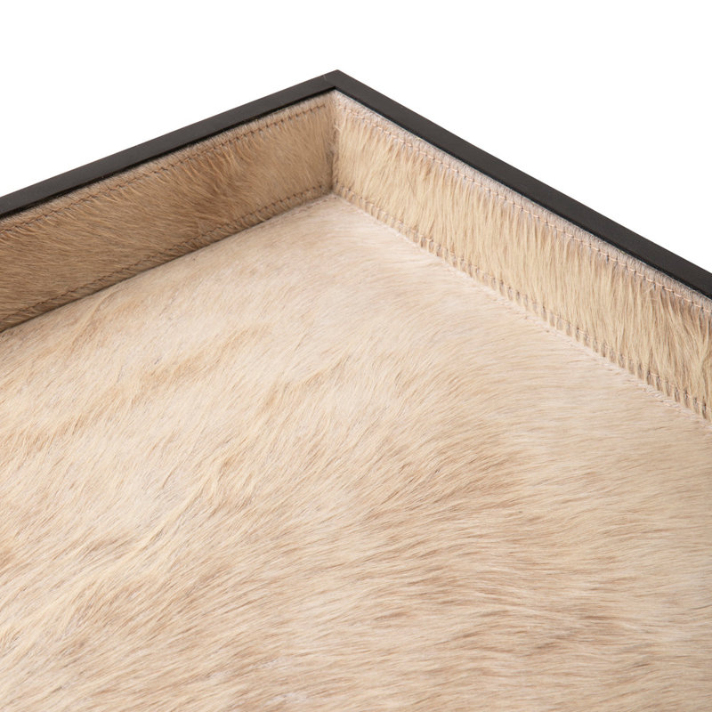 Cream Cow Hide Rectangle Tray With Black Leather Trim - Large,  2.5" H x 23.5" W x 15.75" D