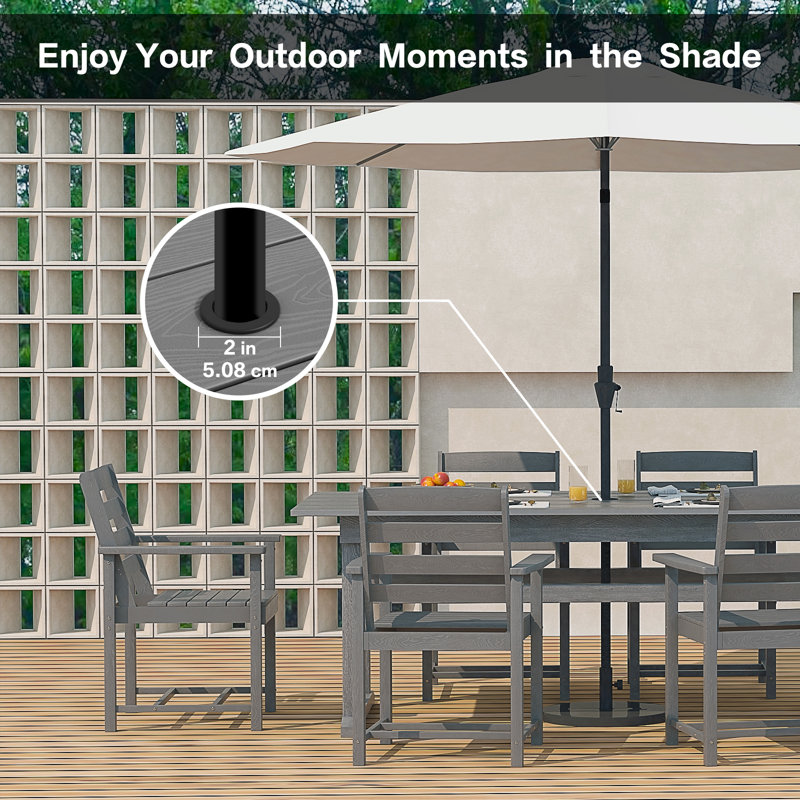 7-Piece Outdoor Dining Set, HDPE Poly Lumber Patio Furniture, 6-Person Rectangular Table with Umbrella Hole, All-Weather Heavy Duty Slatted Design, Fade-Resistant