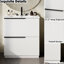 Meuble-lavabo blanc de 30 po avec glissières à fermeture en douceur, trous de robinet de 8 po et finition brillante dans la palette de couleurs, configuration à deux tiroirs, conception de trou de déversement-181390973