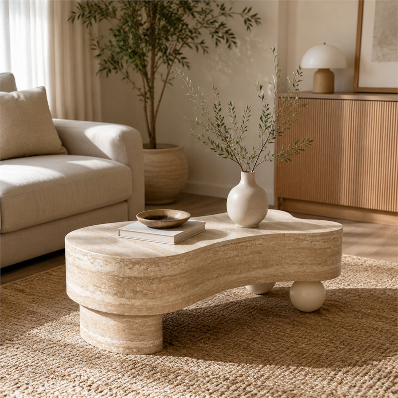 Natural Wood Sculptural Lift-Top Coffee Table with Curved Design for Living Room