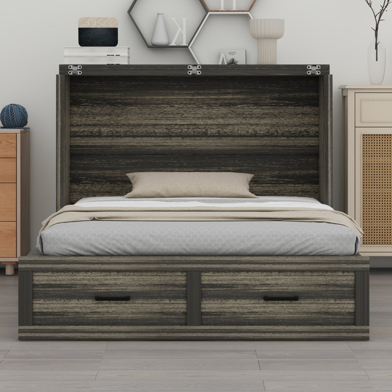 Armoire lit escamotable Murphy avec station de charge, lit plateforme pliable multifonctionnel avec 1 grand tiroir de rangement