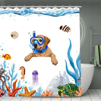 Snorkeling Puppy Underwater Shower Curtains For Bathroom, 71 X 71