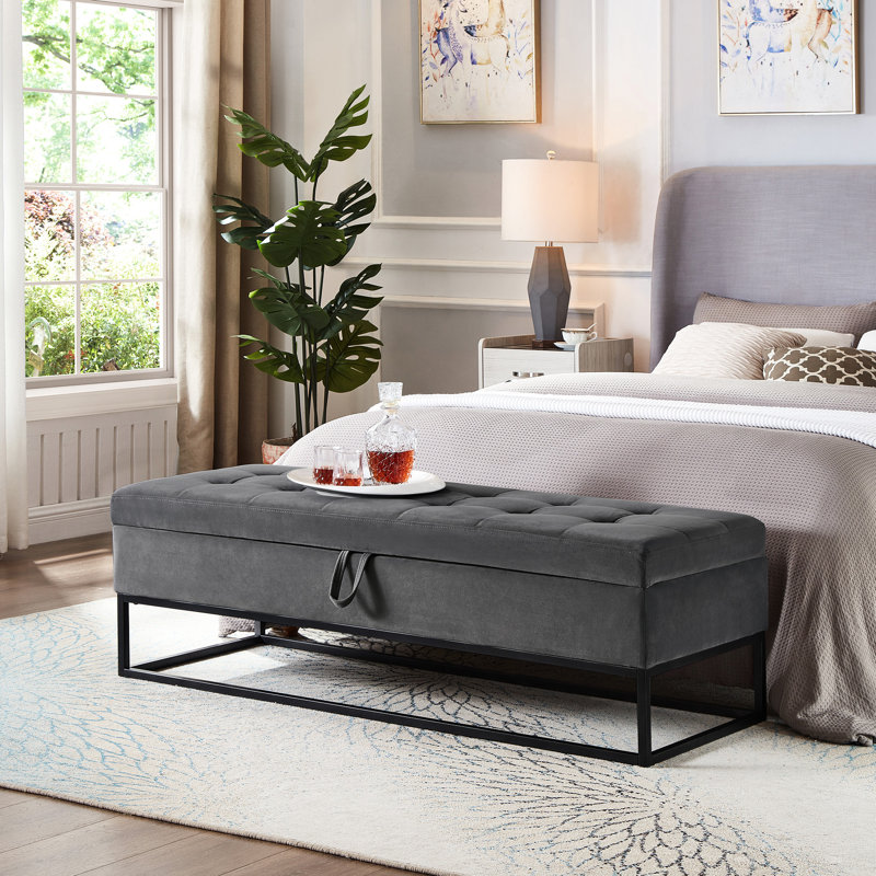 Grey Velvet Storage Chest With Metal Base - Versatile Bench For Living Room And Hallway Bedroom Maximizes Space Style, Gray
