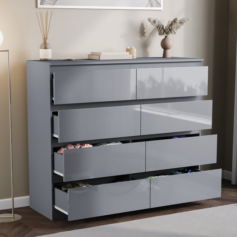 8 Drawer High Gloss Chest, (FSC 100%) Bedroom Home Storage Furniture, Grey