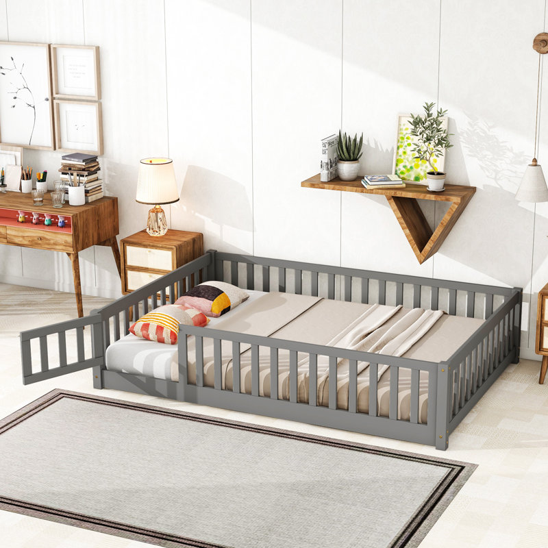 Platform Slat Bed with Door and Fence, Full, Gray