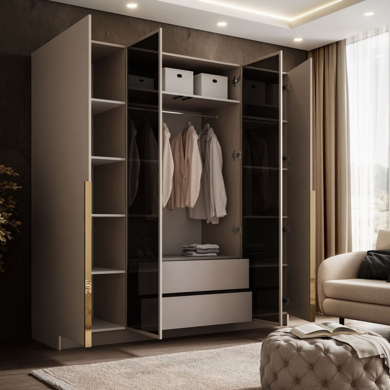 4 Door Wardrobe, Edge handles in gold chrome color