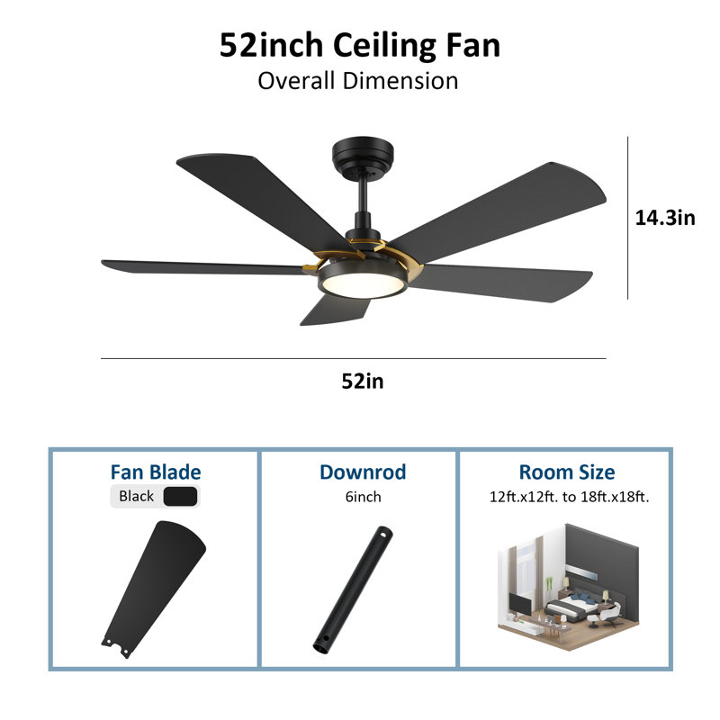 Ventilateur de plafond extérieur noir avec lumière, H 14,3 po x l 52 po