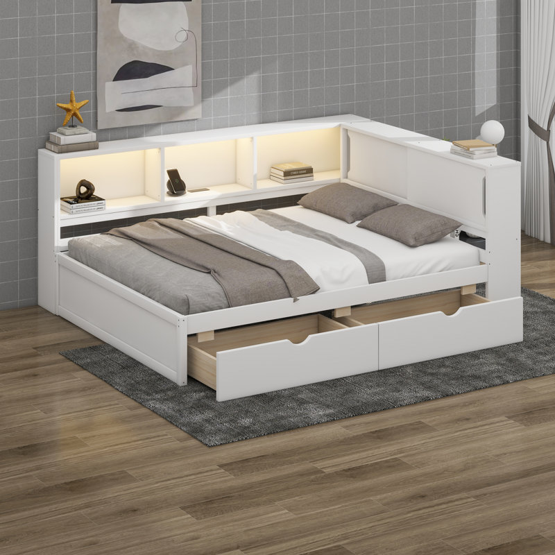 Lit de jour en bois pour grand lit avec éclairage à DEL intégré, ports de chargement USB, 2 tiroirs spacieux, Blanc