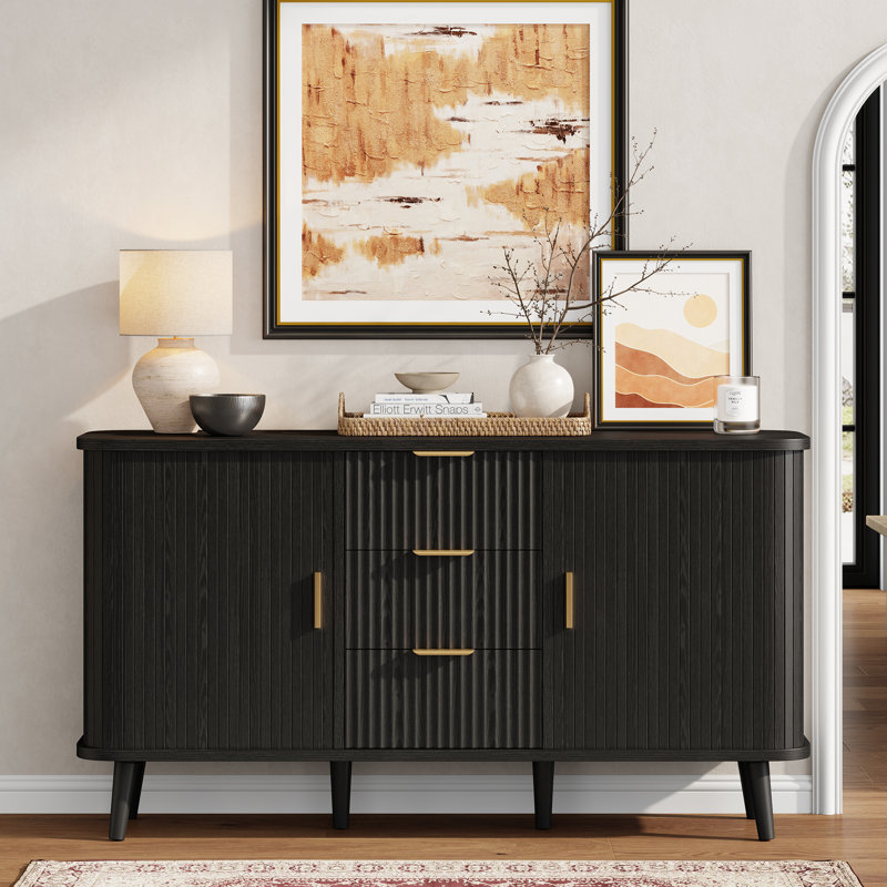 Modern Sideboard Buffet Cabinet With Tambour Sliding Doors, Kitchen Storage Cabinet With  Storage Drawers For Dining Room, Living Room Or Entryway