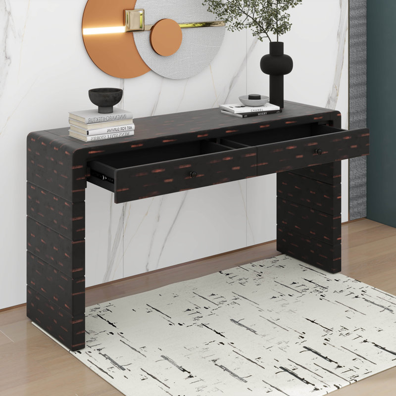 Console courbée avec rangement, table de hall d'entrée en bois avec 2 tiroirs, table de ferme, Noir patiné