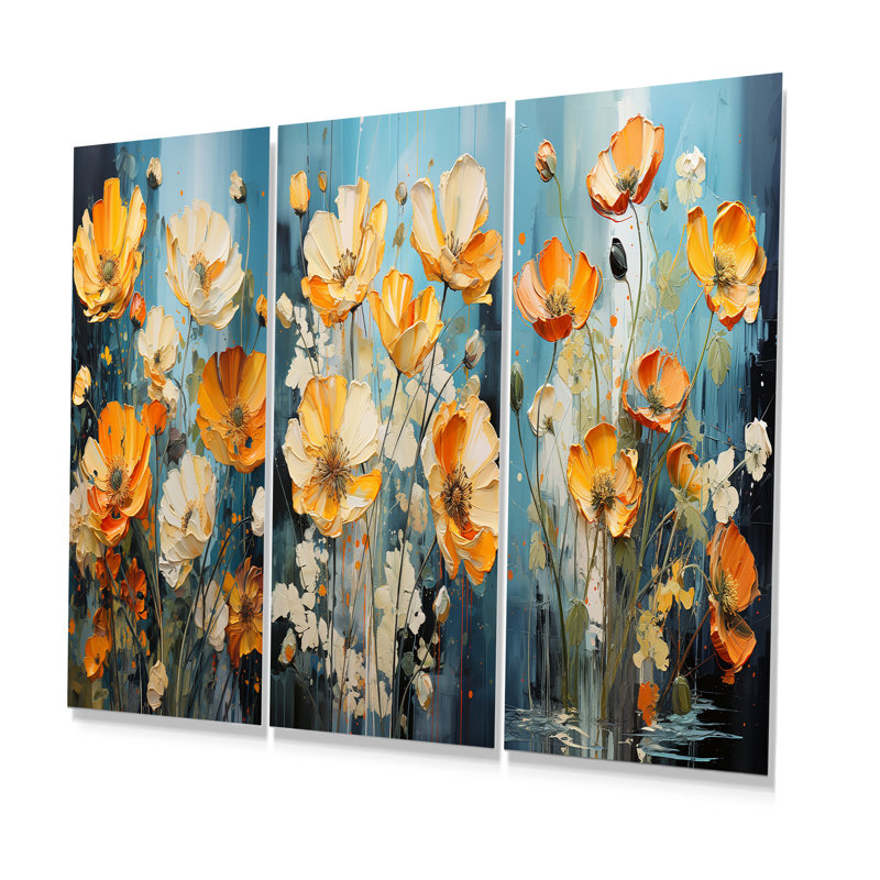 «Buttercups Burst With Fierce Brushwork» - Ensemble de 3 impressions sur métal Buttercups, H 32 po x l 48 po