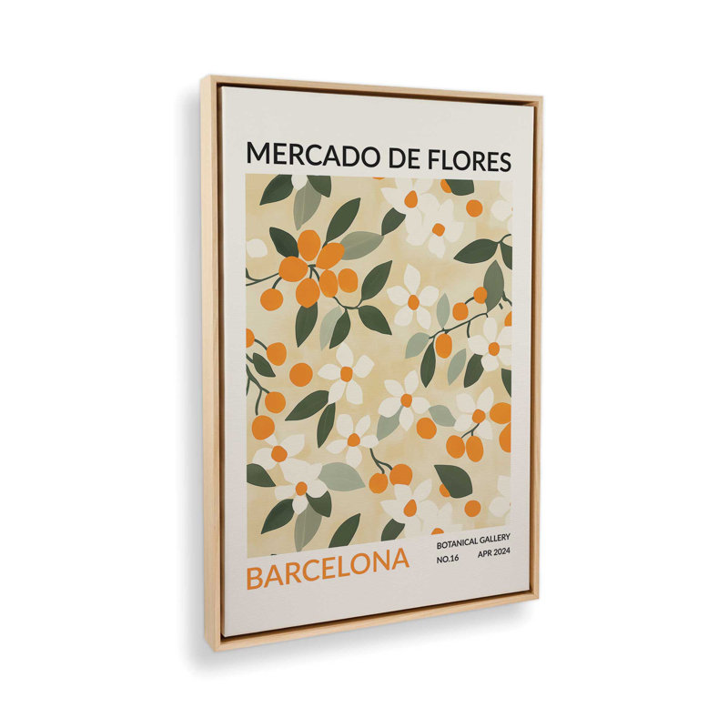 Marché aux fleurs de Barcelone, H 30,75 po x l 20,75 po, Cadre américain en érable flottant
