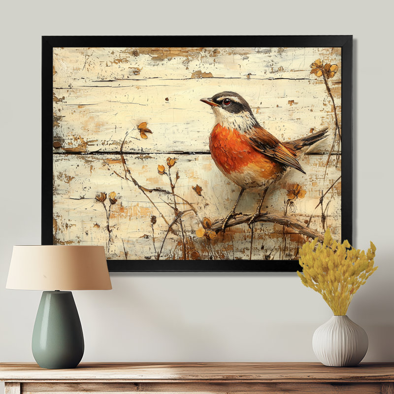 «Robin Bird» par The Farm II - oiseau, art mural sur toile, H 12 po x l 20 po, Cadre simple, Noir