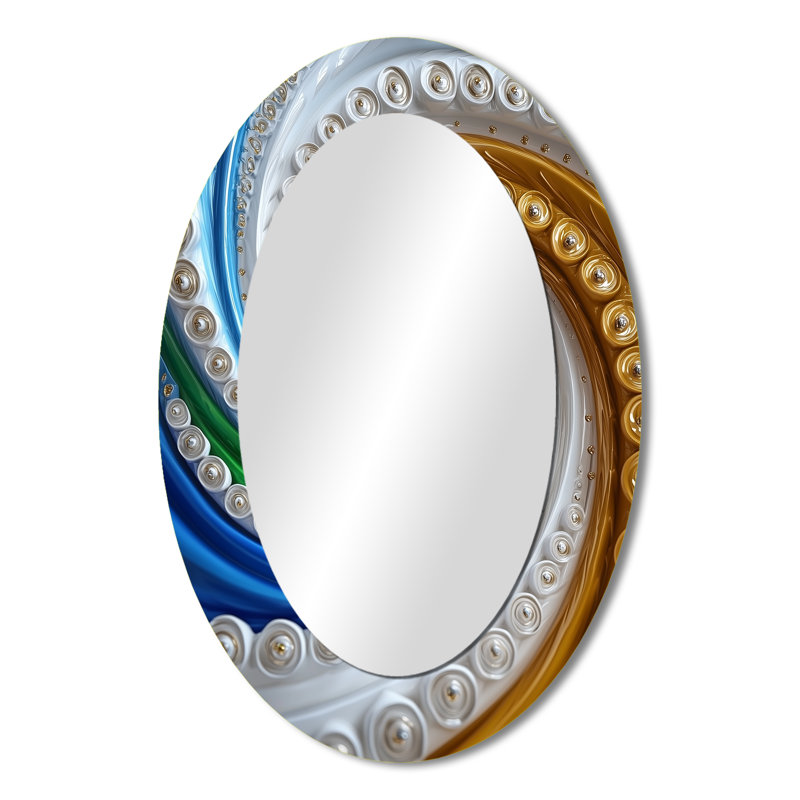 Yellow And Blue Fractal Kaleidoscope Dreams III - Yellow Oval Wall Mirror Decor, 36" x 24"