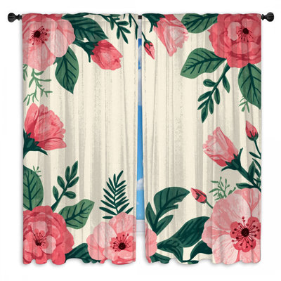 Pink Floral Frame Window Curtains Flowers Sheer & Room Darkening - 2 Panels