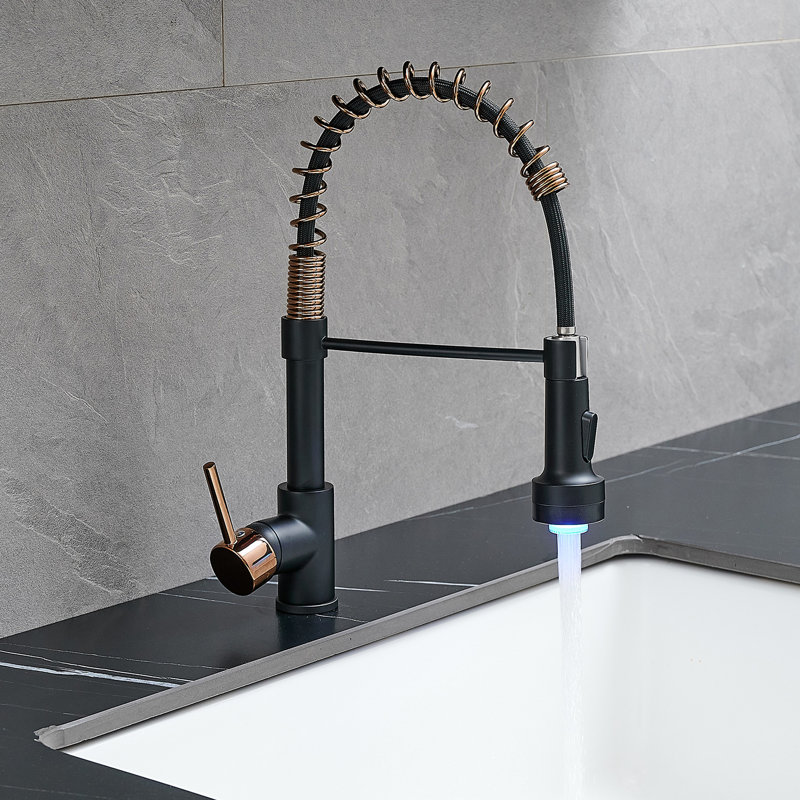 Single Handle Lever Led Kitchen Faucet With Pull Down , Black And Rose Gold Sink Faucet, Contemporary Style, Brass Material, 360 Degree Rotating High Arch Spout, Corrosion Commercial Lever, Color,